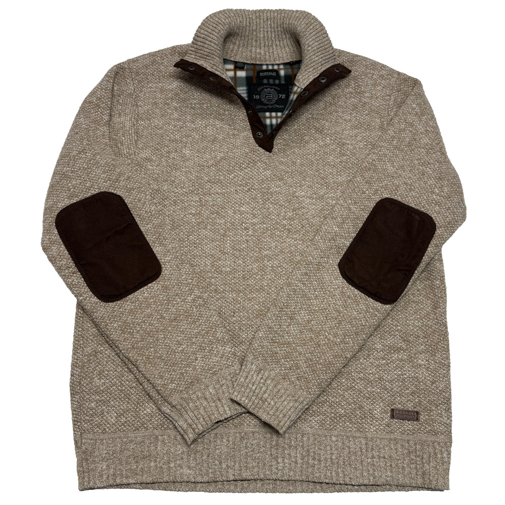Buffalo David Bitton Sweater Mens Medium Tan Flannel Lined‎ Elbow Patches Snap T